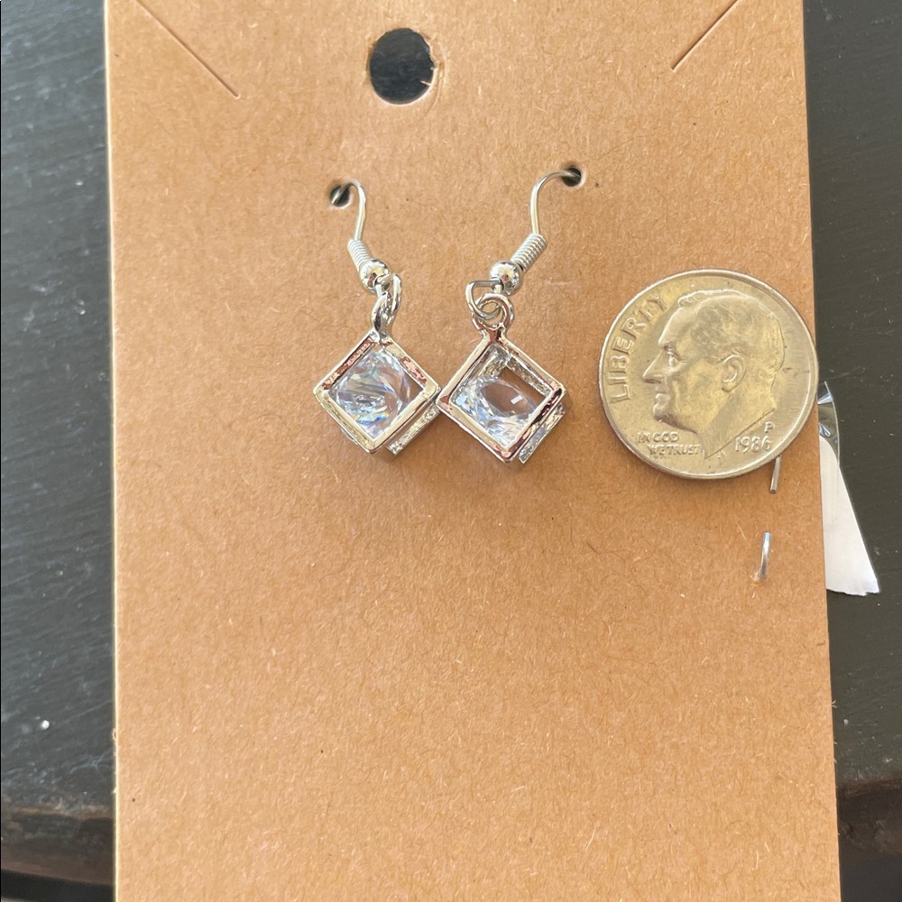 Silver-Tone Clear Crystal Square Drop Earrings - Unbranded